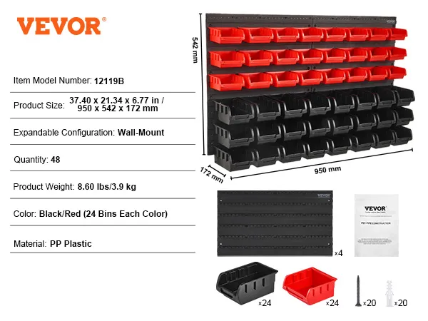 VEVOR storage bins with 48 wall-mount bins in black and red, includes hardware and four mounting panels.