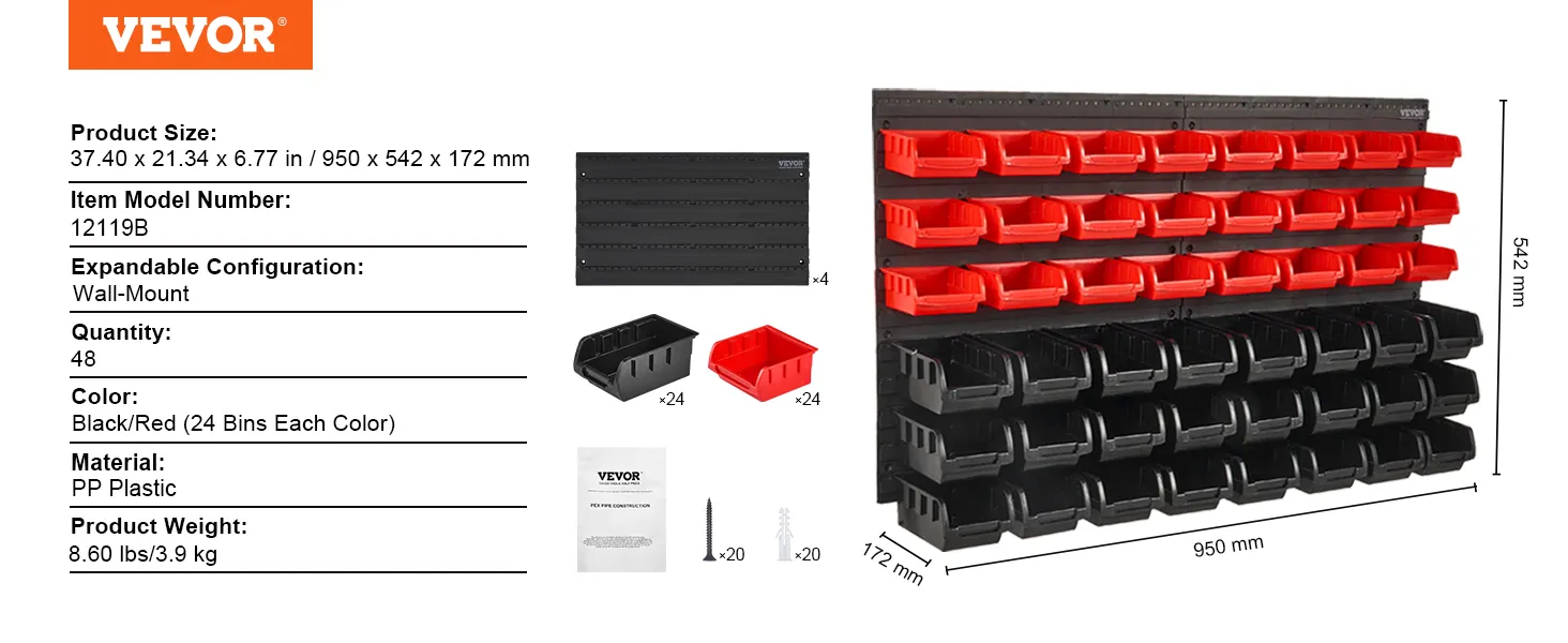 VEVOR storage bins with 48 wall-mount bins in black and red, includes hardware and four mounting panels.