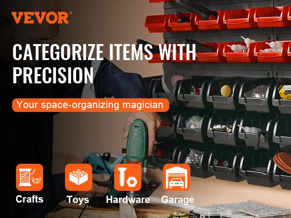VEVOR storage bins with tools organized on wall panels for easy access and efficiency in a workshop.