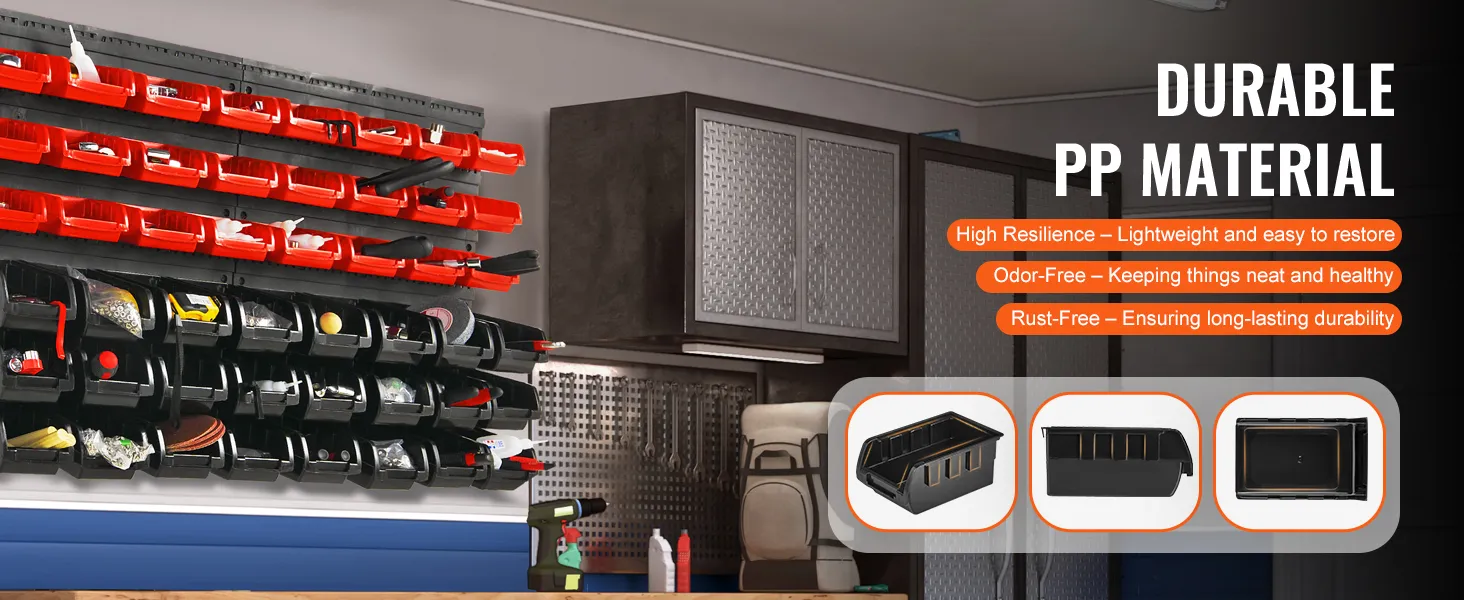 VEVOR storage bins in a garage with red and black bins, featuring durable pp material, multiple compartments.