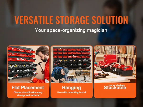 versatile storage solution in bold text with images illustrating flat, hanging, and stackable VEVOR storage bins.