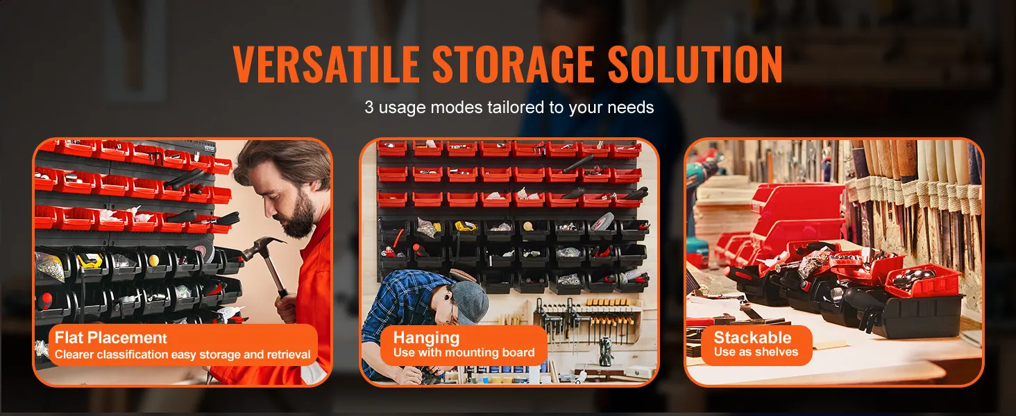 versatile storage solution in bold text with images illustrating flat, hanging, and stackable VEVOR storage bins.