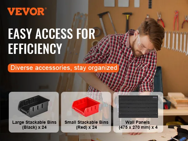VEVOR storage bins organizing craft, toy, hardware, and garage items with a person using a drill.