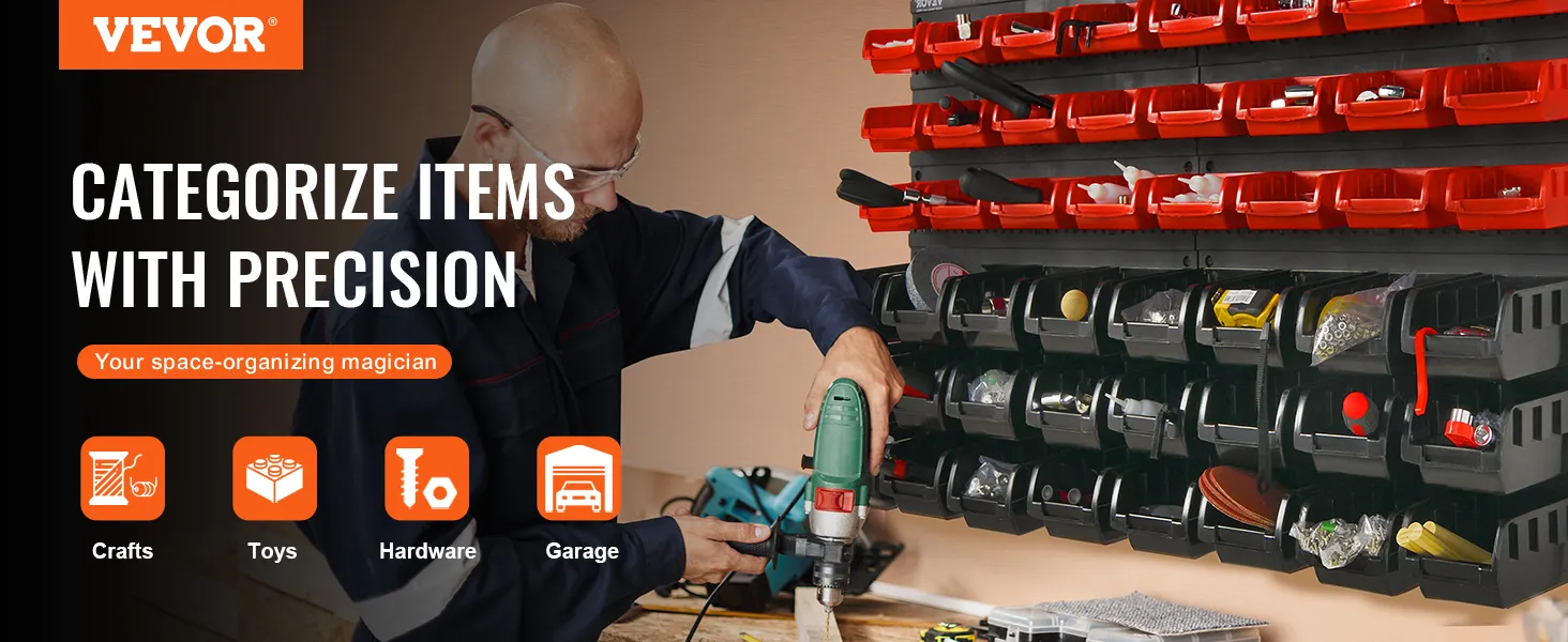 VEVOR storage bins organizing craft, toy, hardware, and garage items with a person using a drill.