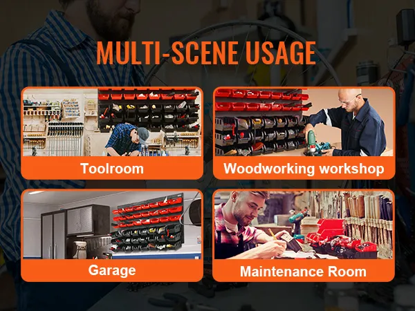 multi-scene uses for VEVOR storage bins in toolroom, woodworking workshop, garage, and maintenance room.