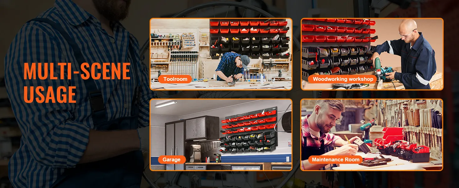 multi-scene uses for VEVOR storage bins in toolroom, woodworking workshop, garage, and maintenance room.