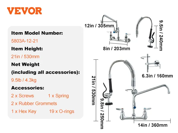 VEVOR commercial faucet model 5803a-12-21, 21in height, includes accessories like screws, o-rings, and a hex key.