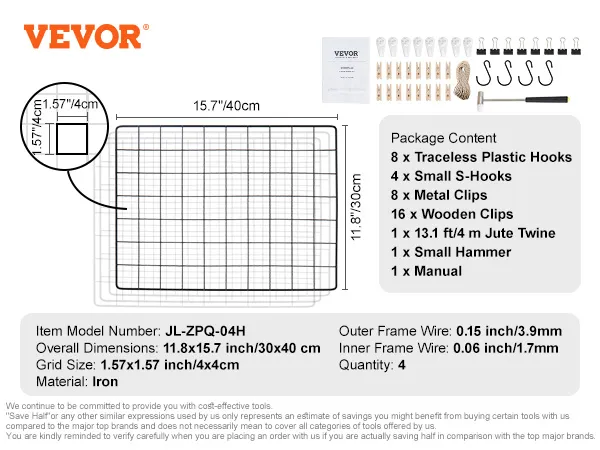 VEVOR grid wall panels with hooks, clips, twine, hammer, and manual. dimensions: 11.8"x15.7".