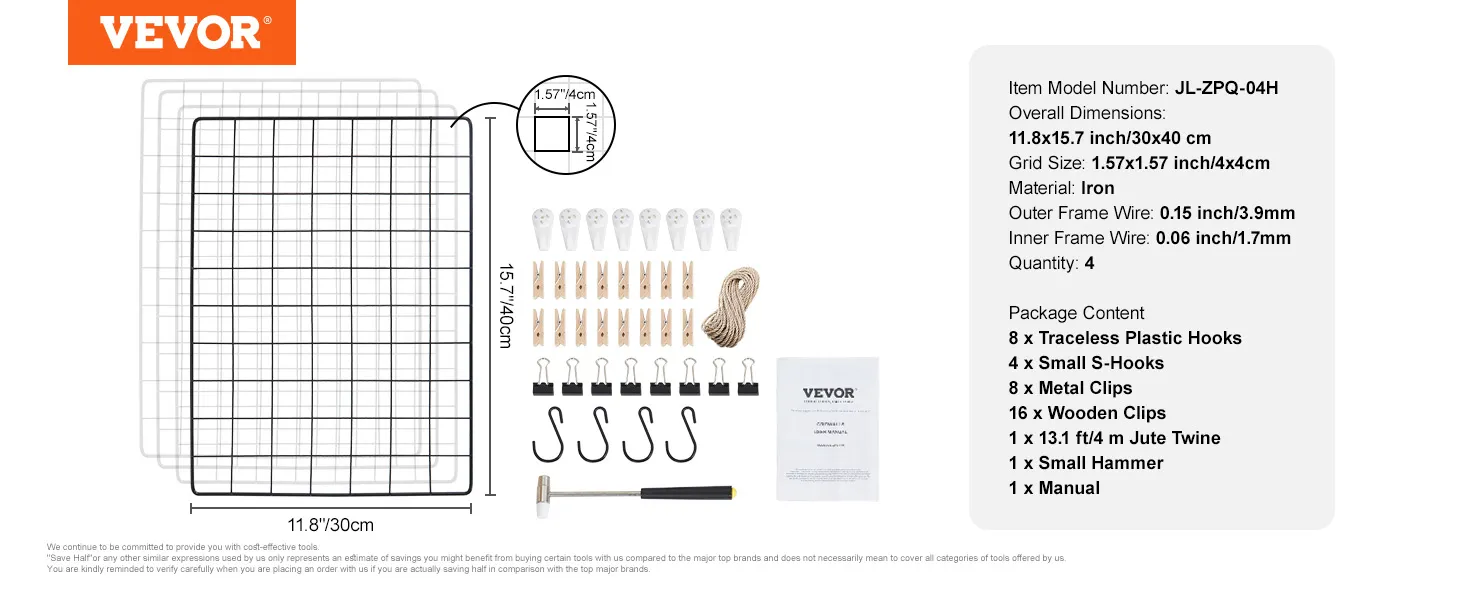 VEVOR grid wall panels with hooks, clips, twine, hammer, and manual. dimensions: 11.8"x15.7".