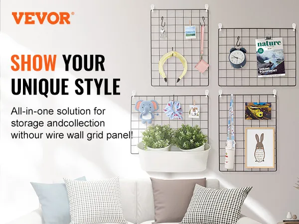VEVOR wire wall grid panel for storage and decor, showcasing various items neatly arranged.