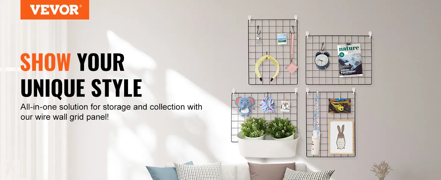 VEVOR wire wall grid panel for storage and decor, showcasing various items neatly arranged.