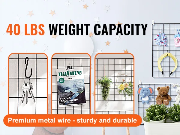 VEVOR grid wall panels with 40 lbs weight capacity, holding decor, keys, magazines, and plants.