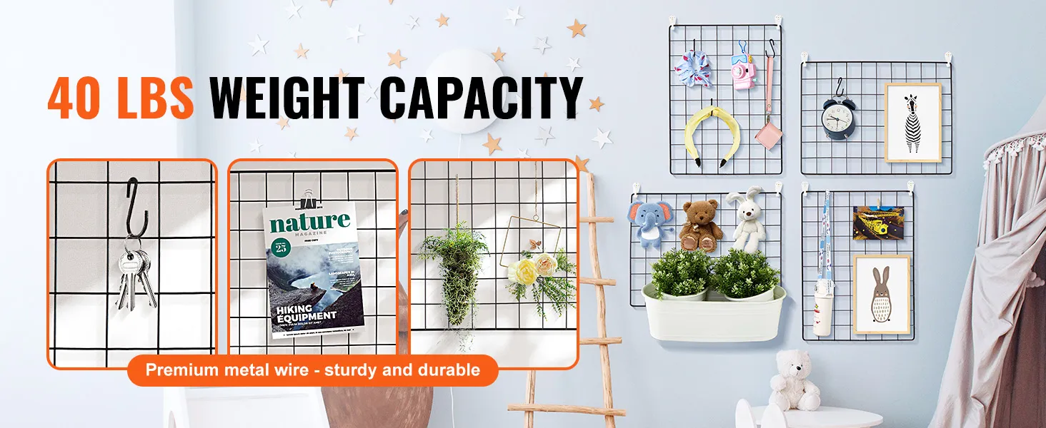 VEVOR grid wall panels with 40 lbs weight capacity, holding decor, keys, magazines, and plants.
