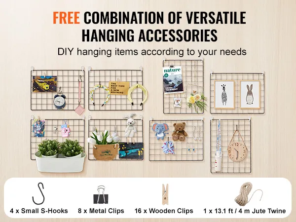 free combination of versatile VEVOR grid wall panels with s-hooks, metal clips, wooden clips, and jute twine.