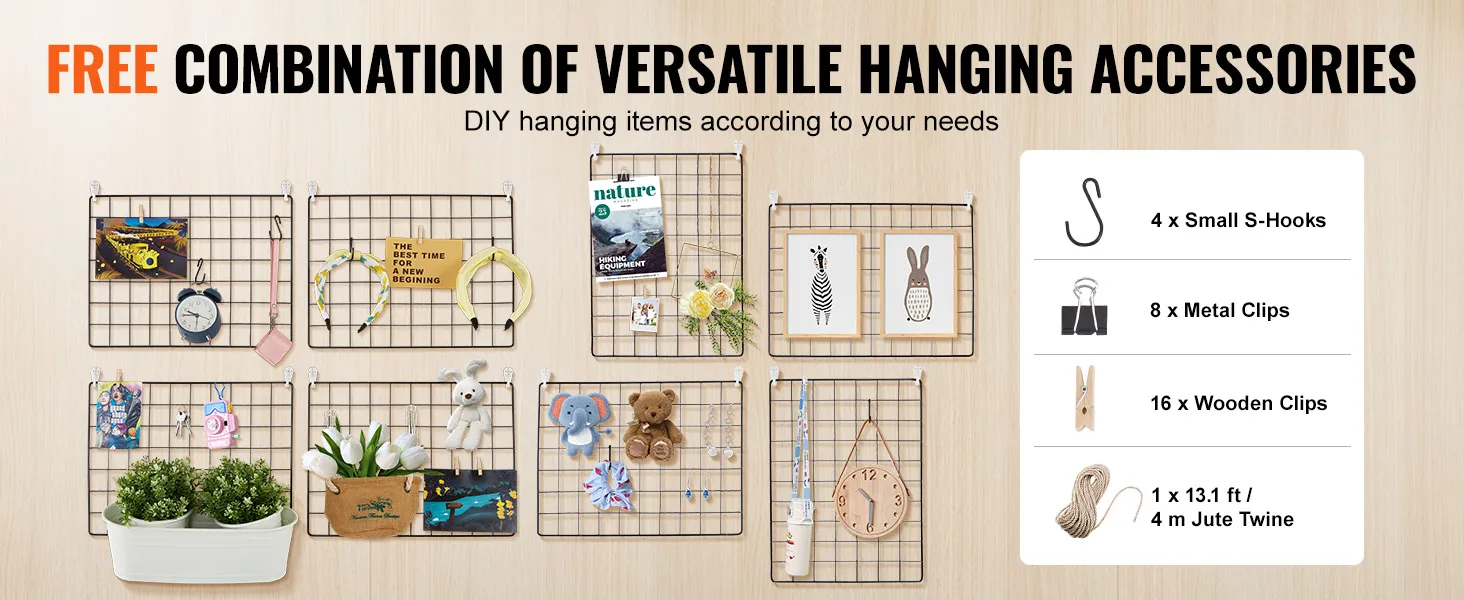 free combination of versatile VEVOR grid wall panels with s-hooks, metal clips, wooden clips, and jute twine.