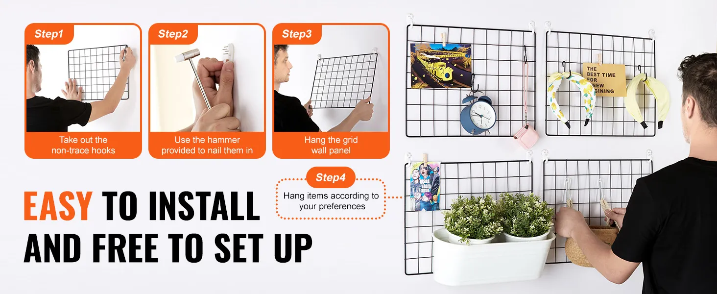 easy to install VEVOR grid wall panels with hooks for organizing accessories and plants.