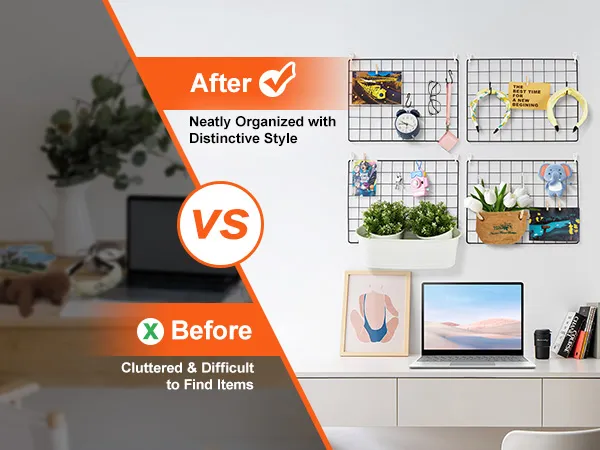 before vs. after using VEVOR grid wall panels for a neat, organized workspace transformation.