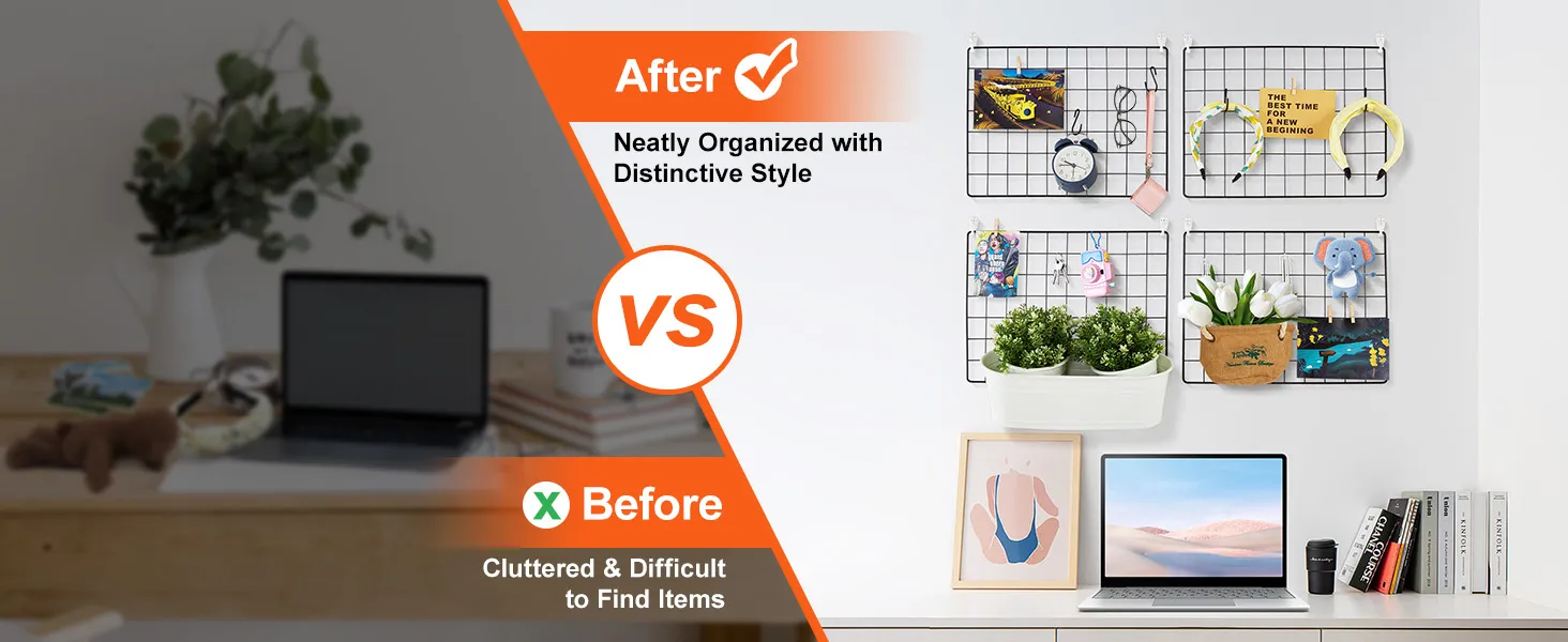 before vs. after using VEVOR grid wall panels for a neat, organized workspace transformation.