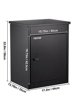 black VEVOR parcel drop box with dimensions: 22.8x15.75x13.78 inches.