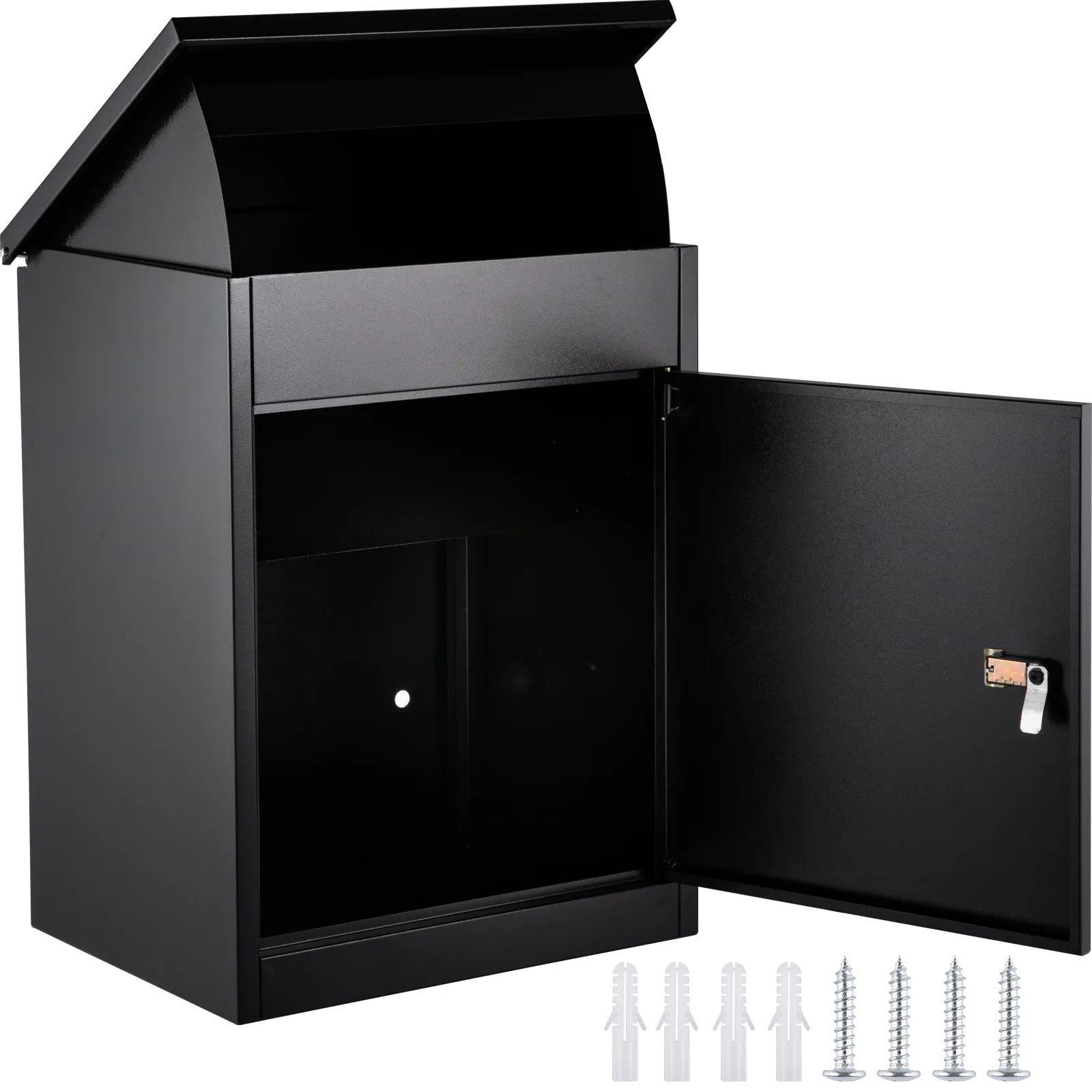 black VEVOR parcel drop box with open door, showing interior and mounting screws.