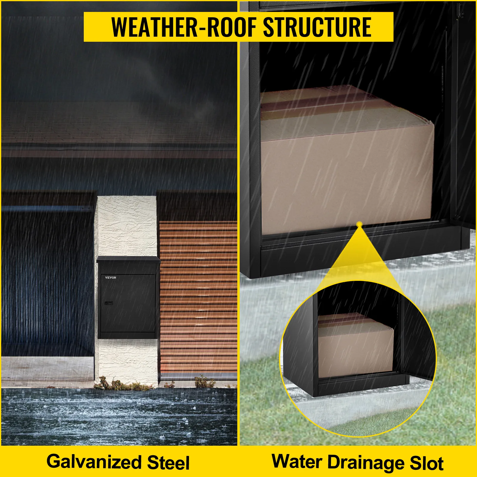 VEVOR parcel drop box in rain, showcasing galvanized steel and water drainage slot.