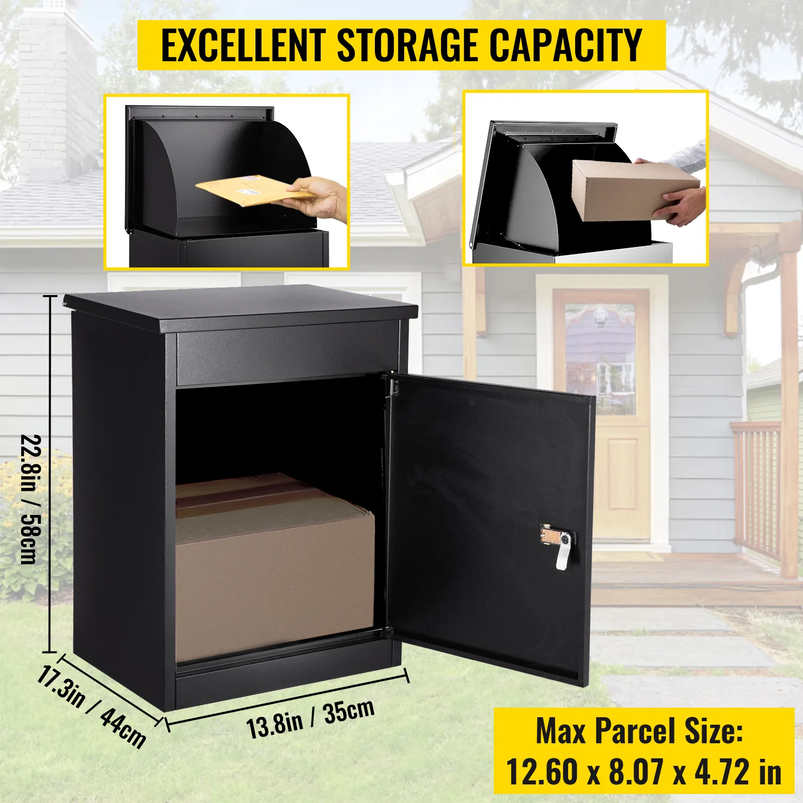 VEVOR parcel drop box with excellent storage capacity, dimensions, and front door slot.