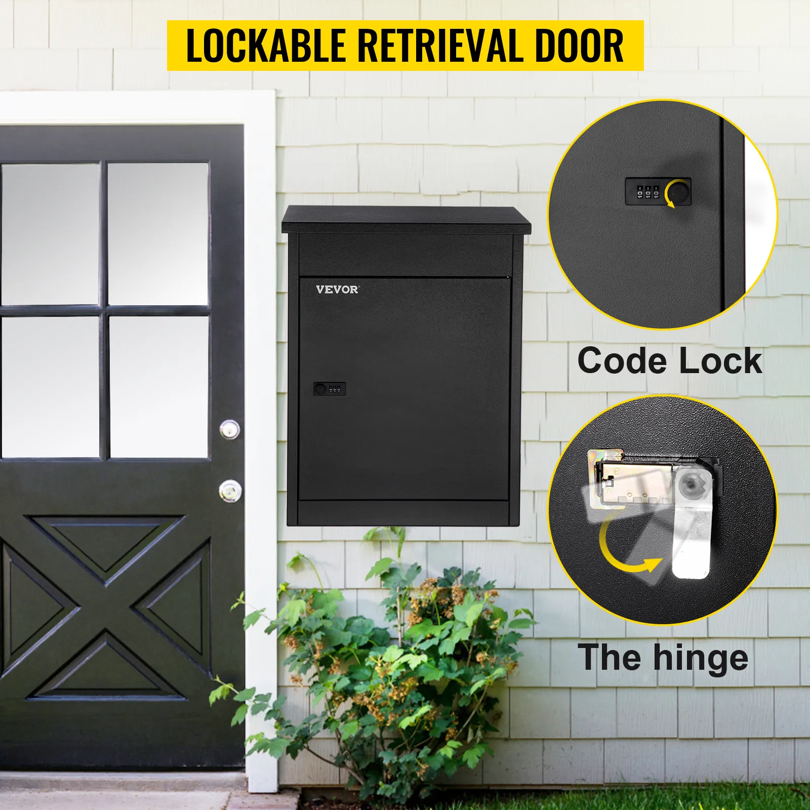 VEVOR parcel drop box with code lock by black door and plants.