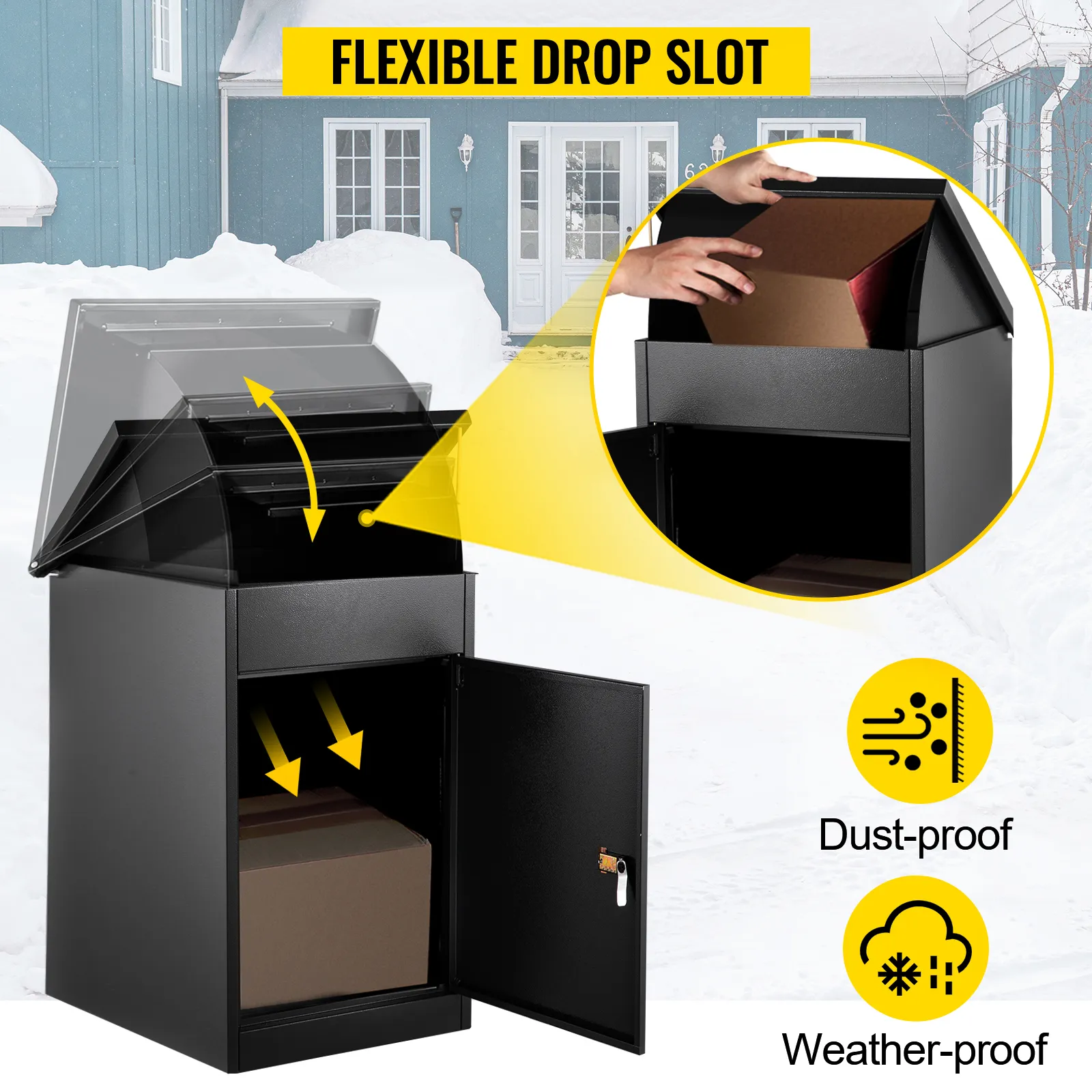 VEVOR parcel drop box with flexible drop slot, secure storage, dust-proof, weather-proof.