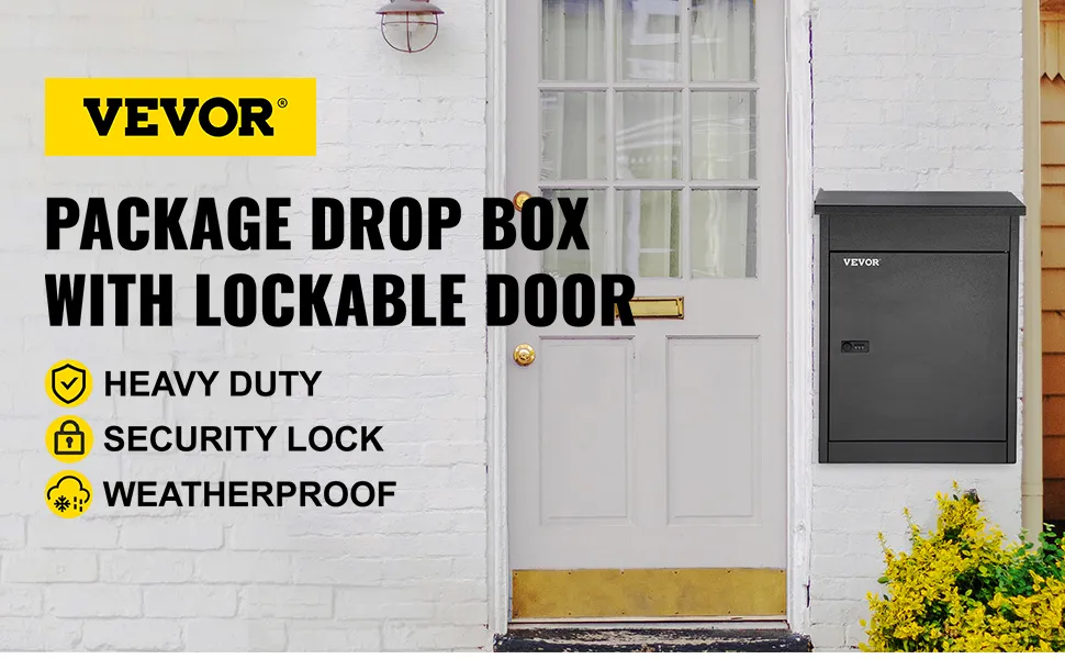 VEVOR parcel drop box with lockable door beside a white front door.