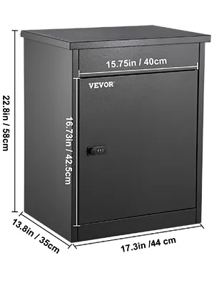 VEVOR parcel drop box, black, with dimensions labeled: 22.8in x 15.75in x 17.3in.