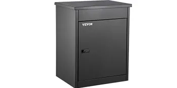 black VEVOR parcel drop box with secure lock and front door access.