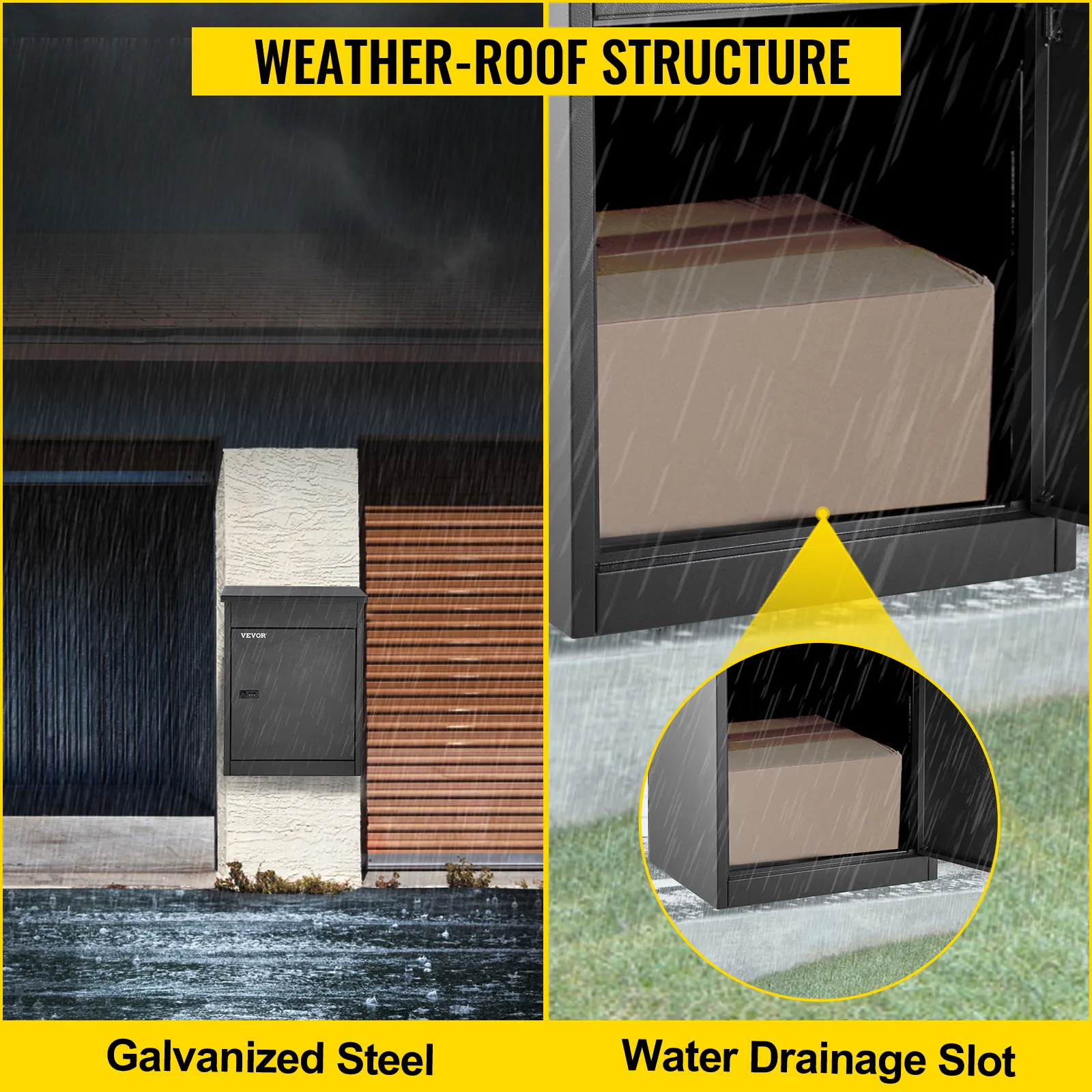 VEVOR parcel drop box with weatherproof structure, galvanized steel, water drainage slot.