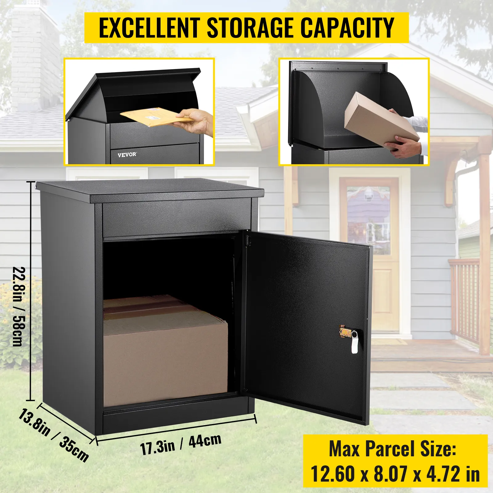 VEVOR parcel drop box showcasing excellent storage capacity and dimensions.