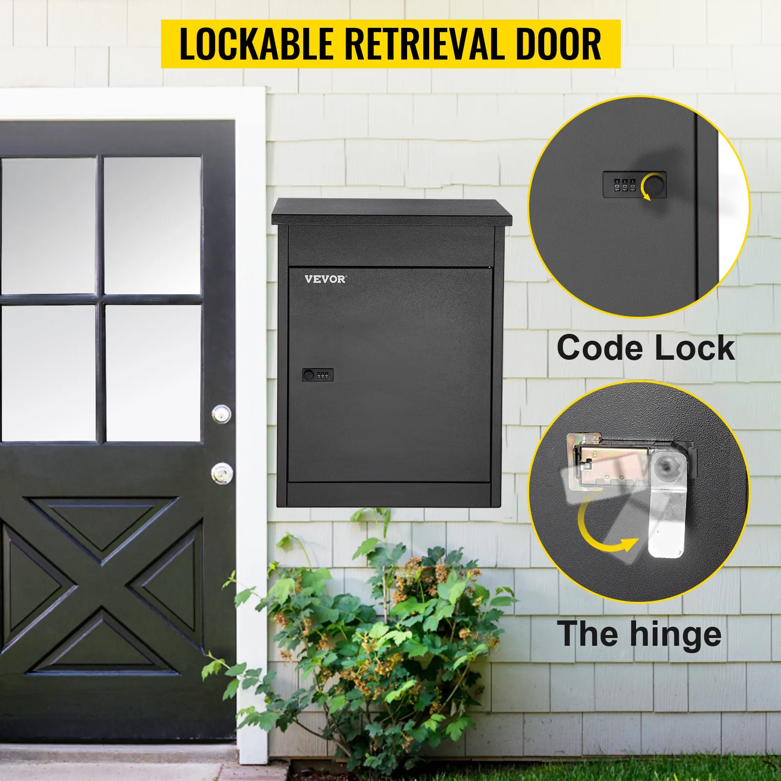 VEVOR parcel drop box with code lock next to black door, secure and stylish