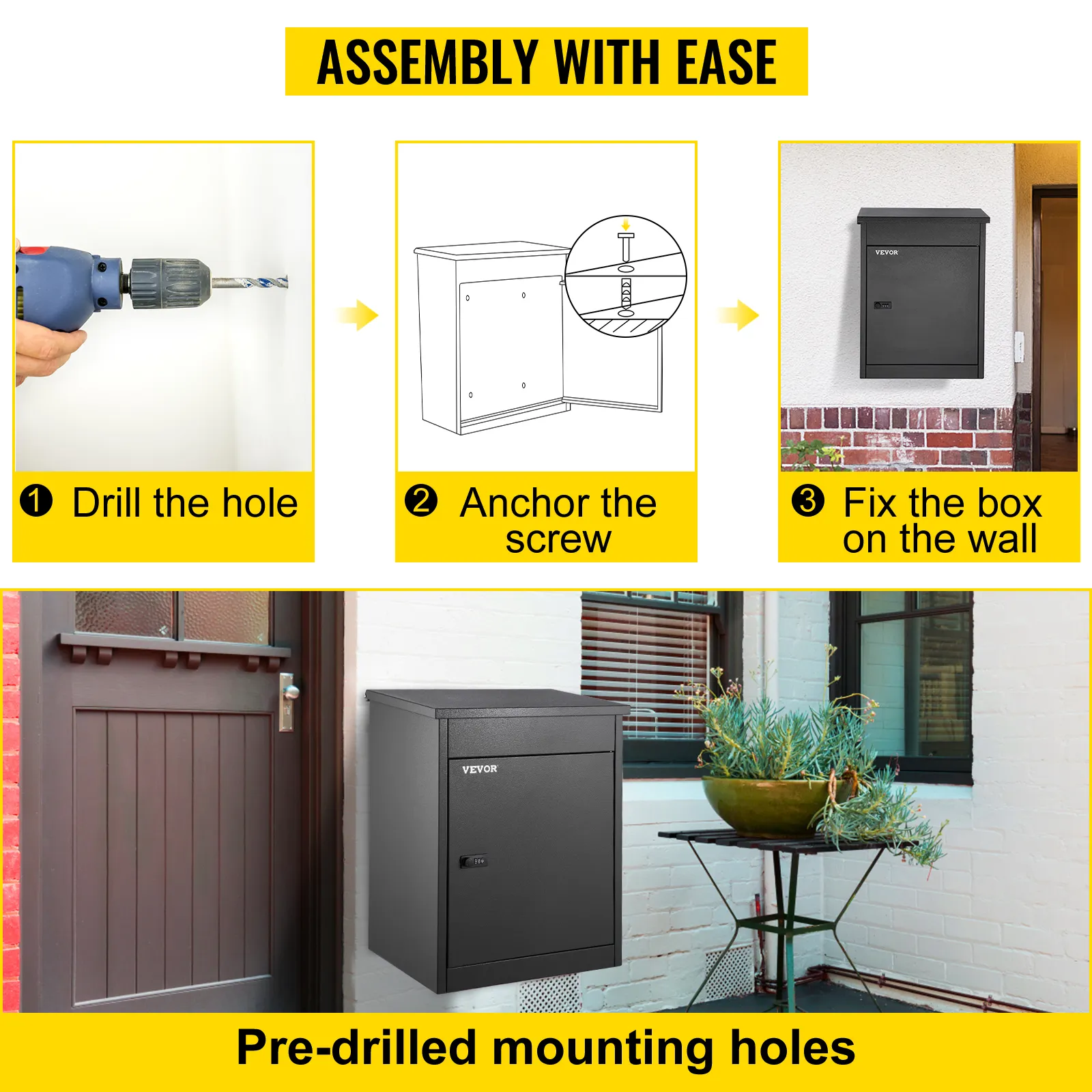 VEVOR parcel drop box installation steps: drill hole, anchor screw, mount on wall.