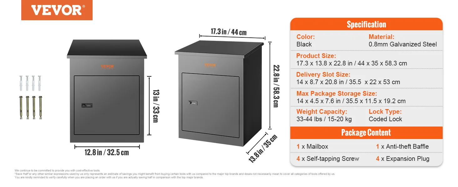 VEVOR-pakketbezorgdoos met zwarte afwerking, afmetingen, grootte van de bezorgsleuf, codeslot en inhoud van de verpakking.