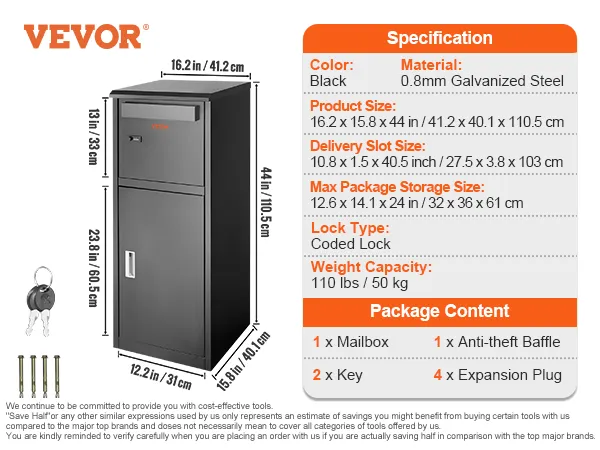 VEVOR package delivery box with keyed lock, anti-theft baffle, and galvanized steel construction.