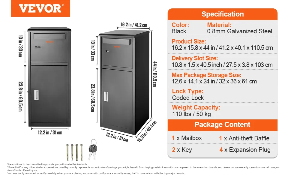 VEVOR package delivery box with keyed lock, anti-theft baffle, and galvanized steel construction.
