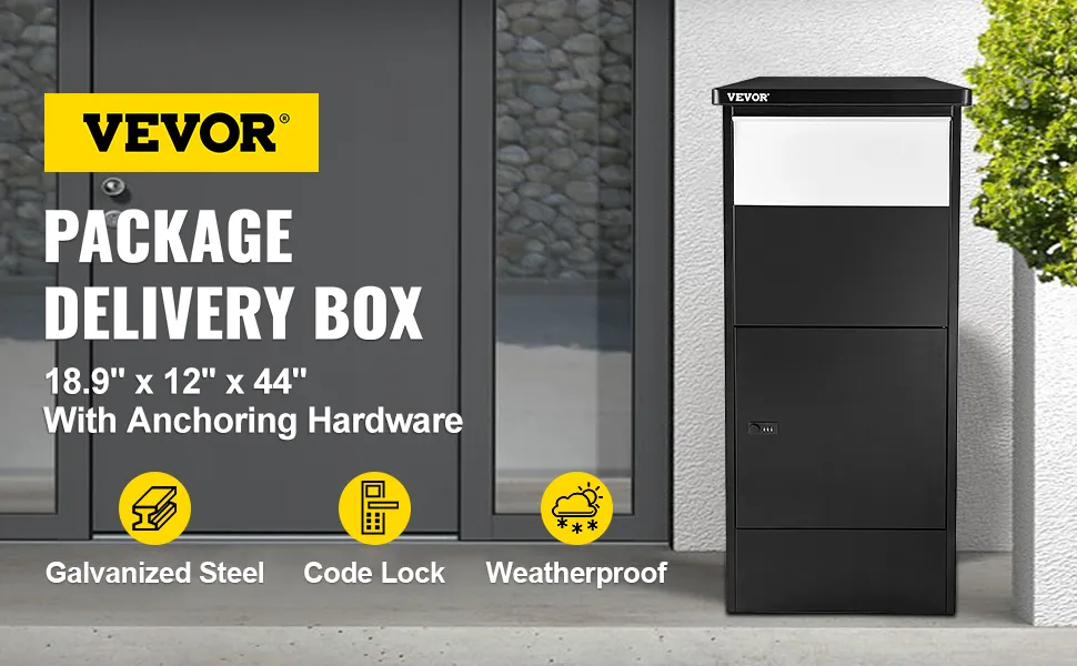 Caja de entrega de paquetes VEVOR en color negro, que muestra dimensiones y características como bloqueo de código y diseño resistente a la intemperie.