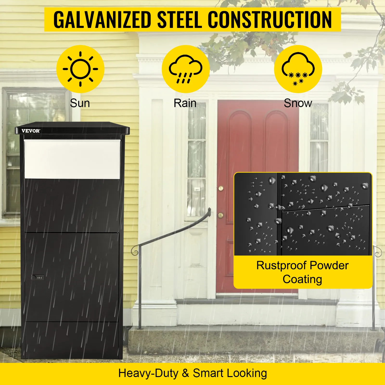Caja de entrega de paquetes VEVOR fuera de una casa amarilla con puerta roja, que muestra durabilidad.