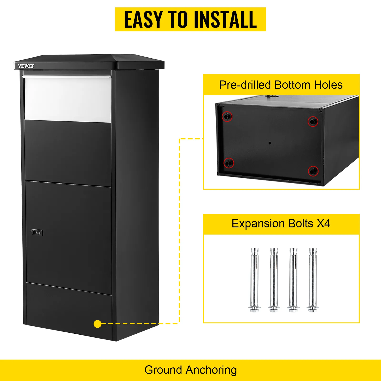 Caja de entrega de paquete VEVOR con orificios inferiores pretaladrados y cuatro pernos de expansión.
