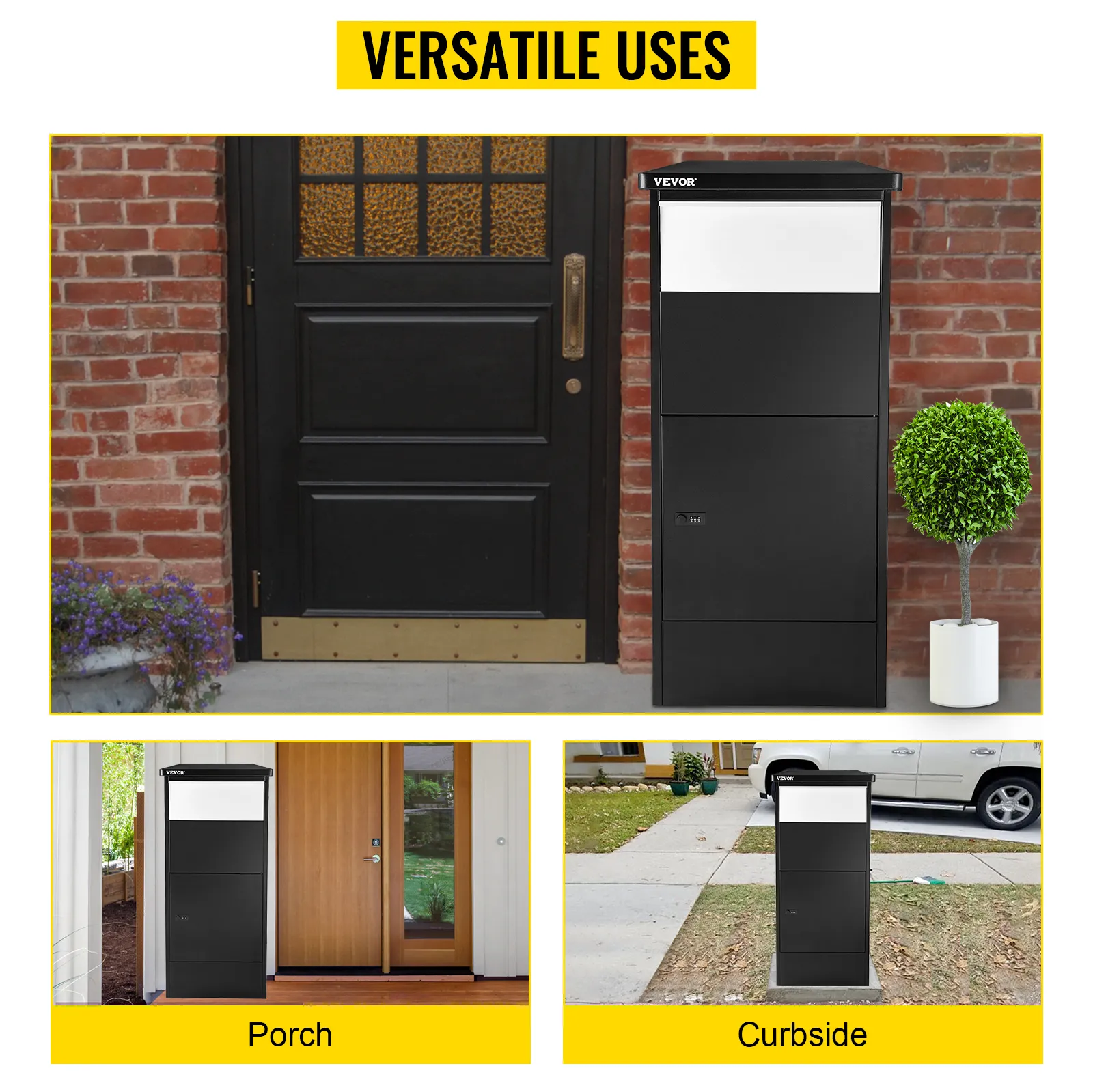 Caja de entrega de paquetes VEVOR exhibida en el porche, en la acera y junto a la puerta de entrada.