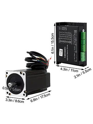 Servomotor paso a paso VEVOR nema34 y controlador, dimensiones etiquetadas, negro con cableado.
