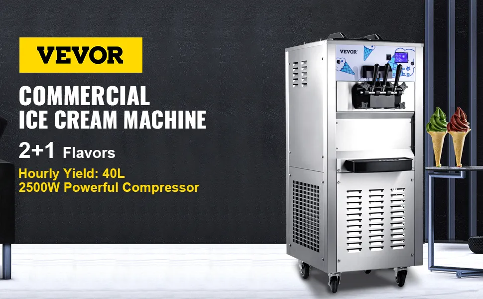 Maquina de helados comercial VEVOR, 2+1 sabores, rendimiento de 40l, compresor de 2500w.