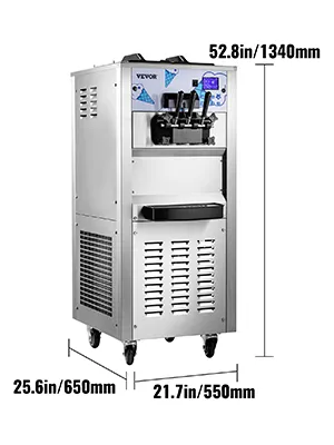 Máquina de helado comercial VEVOR con dimensiones de 52,8x25,6x21,7 pulgadas.