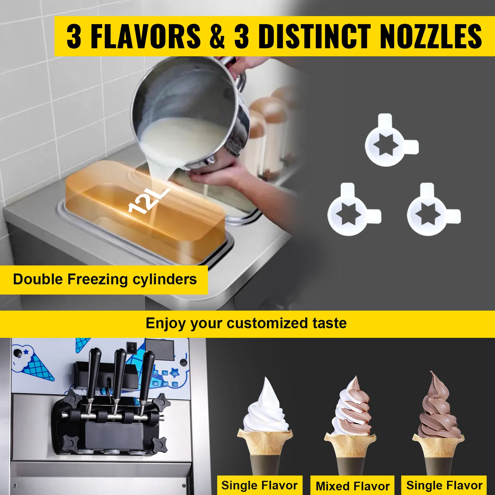 Máquina de helado comercial VEVOR: 3 sabores, boquillas distintas, cilindros de congelación dobles.