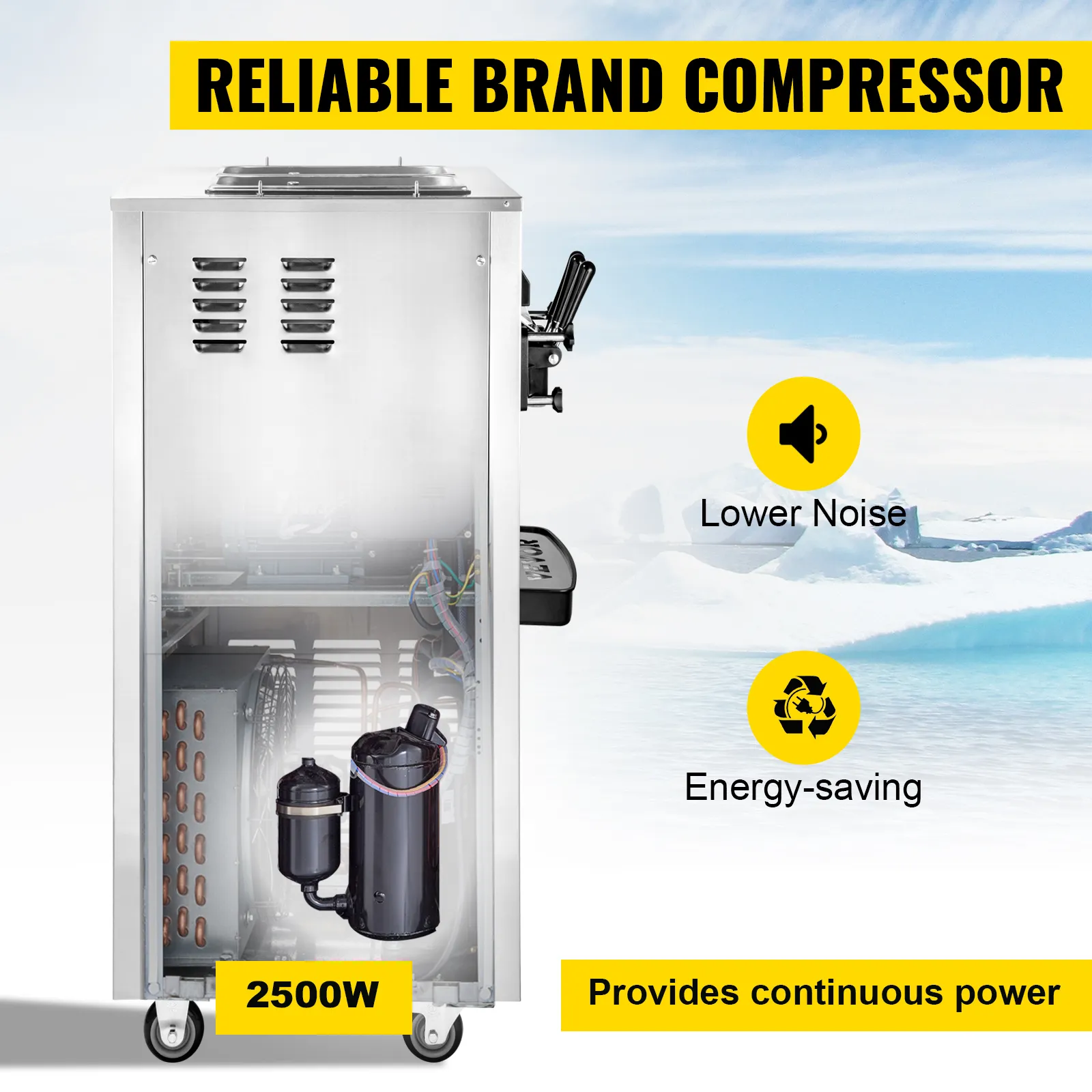 Máquina de helado comercial VEVOR con compresor de 2500w, menor ruido, ahorro de energía.