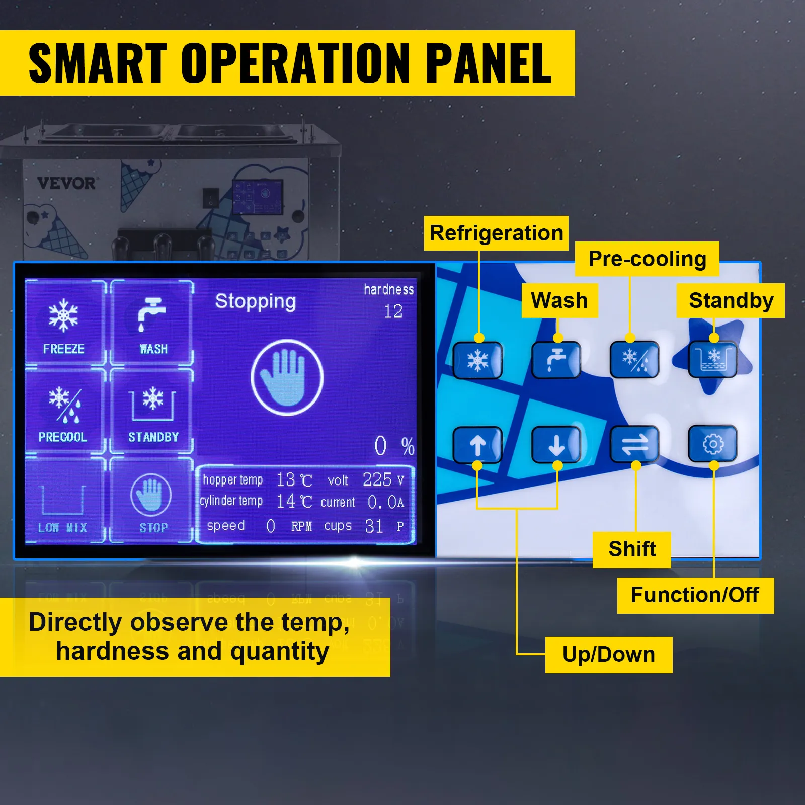 Panel de operación inteligente de la máquina de helado comercial VEVOR con varios botones de control.