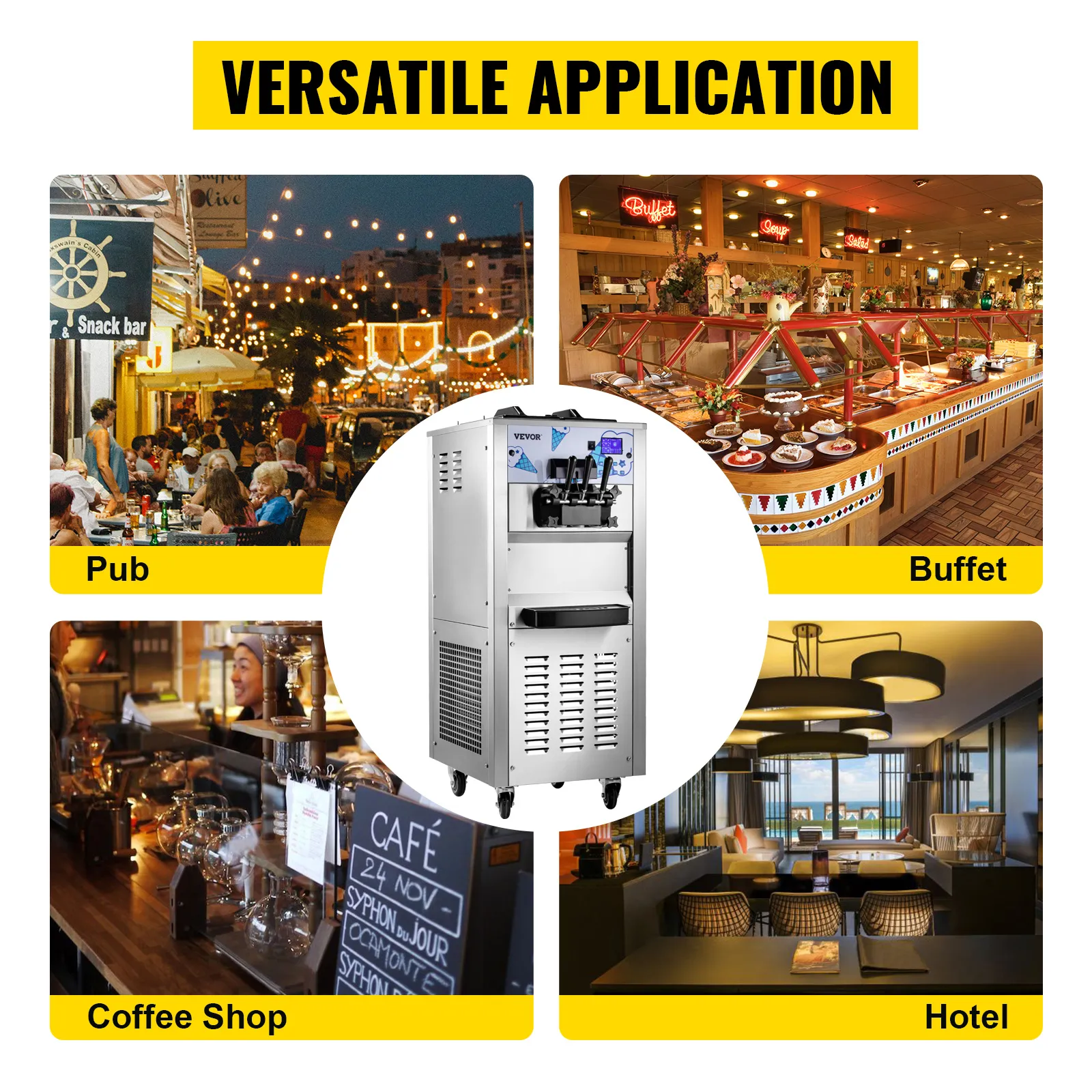 Máquina de helado comercial VEVOR para uso en pubs, buffets, cafeterías y hoteles.