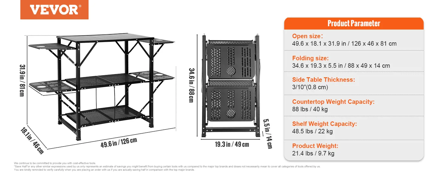 Mesa de cocina de camping VEVOR con dimensiones y especificaciones, con diseño plegable y capacidad de peso.